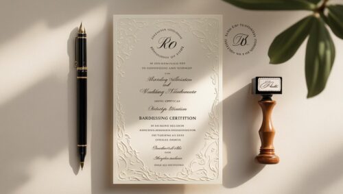 A high-quality, elegant image showcasing a single, beautifully printed wedding card with a sophisticated design, placed next to a symbolic representation of a marriage certificate