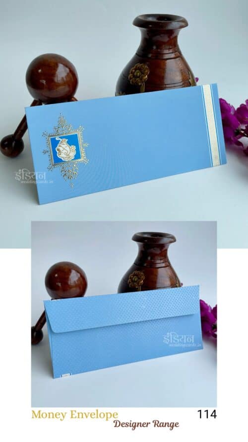 Light Blue Simple Ganpati Rectangular Money Gift Envelope Wedding Shagun Lifafa