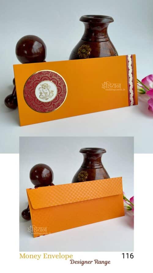 Orange & Red Indian Theme Ganpati Design Money Gift Envelope Wedding Shagun Lifafa