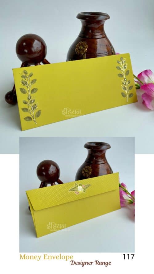 Yellow Watercolour Leaves Gold foil Money Gift Envelope Wedding Shagun Lifafa