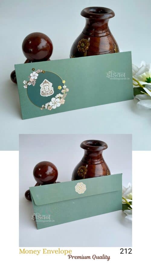 Green Ganpati Floral Motif Rectangular Money Gift Envelope Wedding Shagun Lifafa